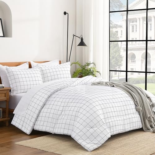 Andency King Comforter Sets White, Gingham Plaid Grid Checkered Bedding Set