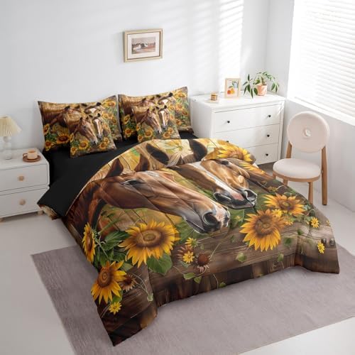 Erosebridal Horse Bedding Set Twin,Horse Sunflower Floral Comforter Set,Vintage Wooden Board(Comforter+Fitted+Flat Sheet+2 Pillowcases+2 Throw Pillow Covers) 7 Pieces Western Rustic Farmhouse Bed Set