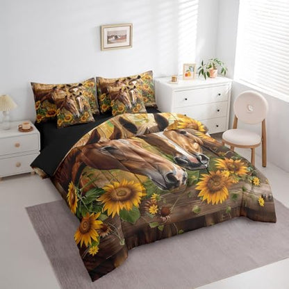 Erosebridal Horse Bedding Set Twin,Horse Sunflower Floral Comforter Set,Vintage Wooden Board(Comforter+Fitted+Flat Sheet+2 Pillowcases+2 Throw Pillow Covers) 7 Pieces Western Rustic Farmhouse Bed Set