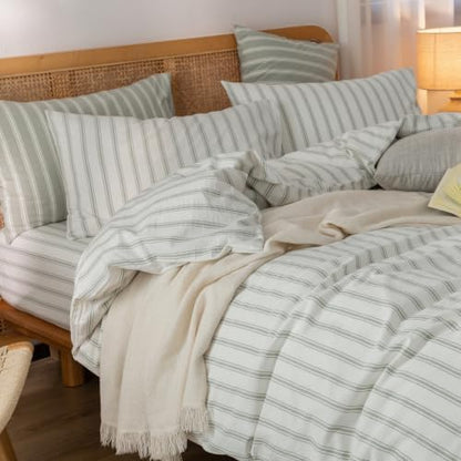 BESTOUCH Striped Cotton Duvet Cover Set Linen Feel Super King