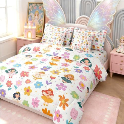 Erosebridal Cute Floral Full Size Bed Sheets and Comforter Set | Kids Cartoon Fairy Princess 7 Piece Bedding Set Rustic Flowers Bed in a Bag, Kawaii Elf Room Decor,White