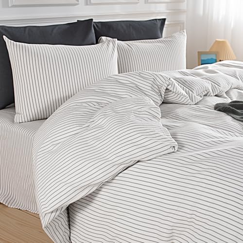 NEXHOME PRO Striped Duvet Cover Super King,100% Washed Cotton Bedding Set,Textured Linen Feel,Breathable,Organic,3 Piece(Grey Stripes 108x98)