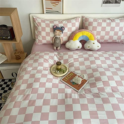 Wellboo Pink White Plaid Comforter Sets Twin Women Men Bean Pink and White Checkerboard Grid Bedding Comforters Cotton Boys Girls Modern Dusty Pink Checkered Geometric Quilts Luxury Abstract Bed