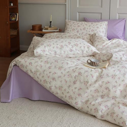 LifeTB Botanical Floral Comforter Set Twin XL Cute Garden Floral Bedding Comforter with 2 Pillowcases Soft Fluffy Pink Purple Flowers Comforter Vintage Style Botanical Comforter Set for Girls Women