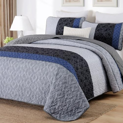Cottolester Boho Quilt Set King Size,3 Pcs Gray Blue Striped Bedspread Set