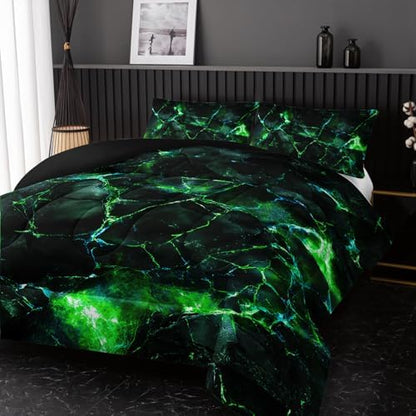 Nttopship Green Comforter Set Queen Size，Green Marble Bedding Set 3 Pcs Bedding for Adults, Marble Room Decor with Comforter and 2 Pillowcases Soft and Lightweight B-Side Black