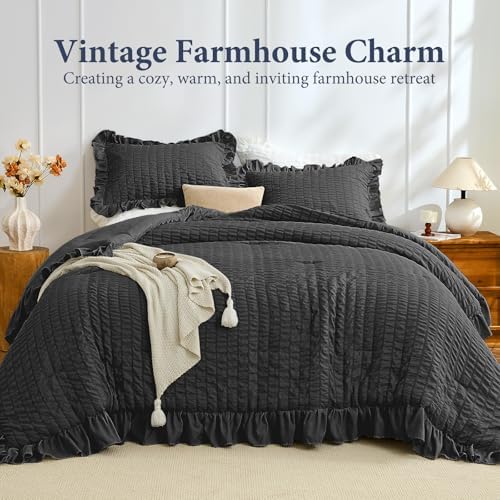 JOLLYVOGUE Oversized King Comforter Set, 3 Pieces Black Seersucker Comforters, Lightweight & Fluffy Bedding Sets for All Season with 1 Ruffle Comforter and 2 Ruffle Pillowshams