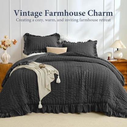 JOLLYVOGUE Oversized King Comforter Set, 3 Pieces Black Seersucker Comforters, Lightweight & Fluffy Bedding Sets for All Season with 1 Ruffle Comforter and 2 Ruffle Pillowshams