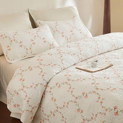 MarCielo 3pcs Cotton Quilt Set Beige Coral Floral