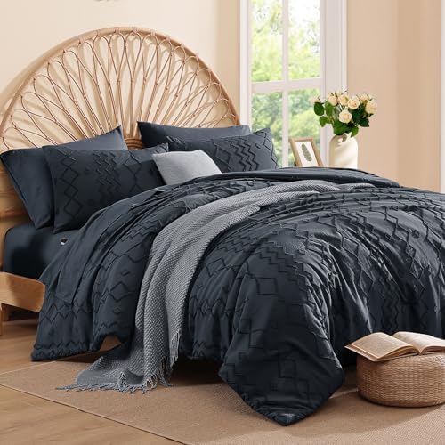 Queen Comforter Set Navy Blue Tufted Boho Geometric Bedding Sets 7 Pieces