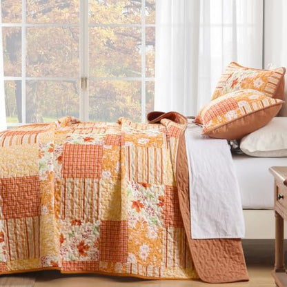Mybedsoul Orange Boho Quilts Queen Size, Patchwork Floral Fall Bedding Set