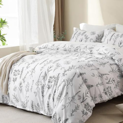 MUXHOMO White Full Comforter Set, Elegant Floral Print Bed in a Bag 7 Pieces, Ultra Soft & Breathable Reversible Botanical Pattern Bedding Set with Comforter, Sheets, Pillowcases, and Shams
