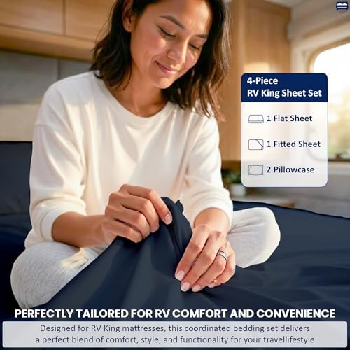 Cottingon 4 Piece Short Queen Sheets, 15" Deep, Egyptian Cotton, Navy Blue
