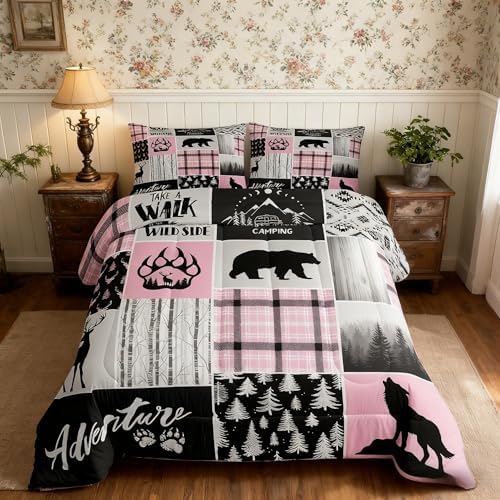 Rustic Farmhouse Comforter Set King Size,Deer Bear Wolf Hunting Animals Bedding Set for Kids Boys Girls Adults Room Decor,Pine Trees Patchwork Down Comforter,Pink Xmas Duvet Insert,2 Pillowcases
