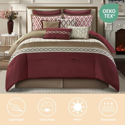 LANCO MODERN LIFESTYLE Queen Comforter Set, Burgundy, 10 Piece Bed in a Bag for All Seasons, Luxury Extreme Comfort Bedding Sets with Bedskirt, Pillow Shams, Euro Shams and Decor Pillows