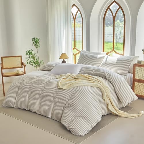 Striped Duvet Cover Set King Size 3 Pcs 100% Washed Cotton Linen Like Textured Natural Wrinkle Comfy Breathable (King, Classic Stripe-Linen Grey/White)
