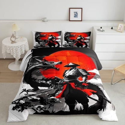 Feelyou Kids Samurai Comforter Set Full Size, Japanese Samurai Bedding Set Warrior Bushido Comforter for Boys Girls Black Dragon Duvet Insert Microfiber Bed Set