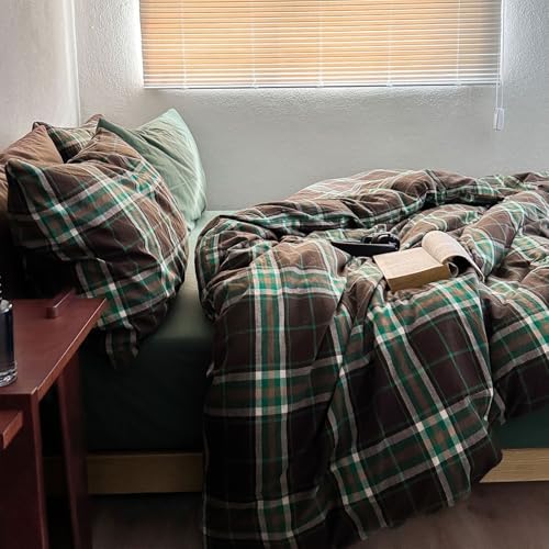 LifeTB Brown Green Plaid Comforter Set Twin XL, Modern Style 3 Pieces Grid Comforter with 2 Pillowcases, Vintage Plaid Checkered Comforter for All Seasons, Breathable Soft Fluffy Gingham Bedding Set