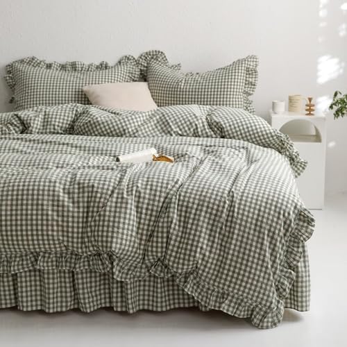mixinni Green Gingham Ruffle Duvet Cover Full Size 3 Pieces – 100% Washed Cotton, Vintage Plaid Ruffled Bedding Set with Zipper Ties, Soft Checkered Grid Farmhouse Chic Comforter Cover Set