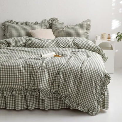 mixinni Green Gingham Ruffle Duvet Cover Twin XL Size 3 Pieces – 100% Washed Cotton, Vintage Plaid Ruffled Bedding Set with Zipper Ties, Soft Checkered Grid Farmhouse Chic Comforter Cover Set