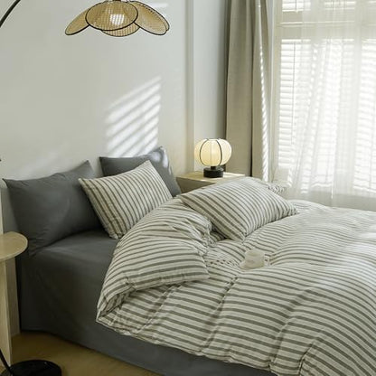 LifeTB Full Size Comforter Set Grey Striped Comforter Set, 3 Pieces Retro Stripes Pattern Printed Comforter with 2 Pillowcases, Fluffy Soft Lightweight Breathable Striped Bedding Set for All Seasons
