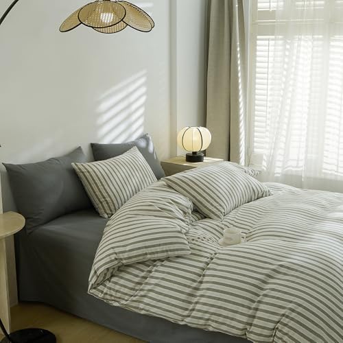 LifeTB Grey Striped Comforter Set Queen, Vintage White Grey Stripes Pattern Printed Bedding Set, Lightweight 3 Pieces Bedding Comforter with 2 Pillowcases, Farmhouse Striped Queen Comforter Set