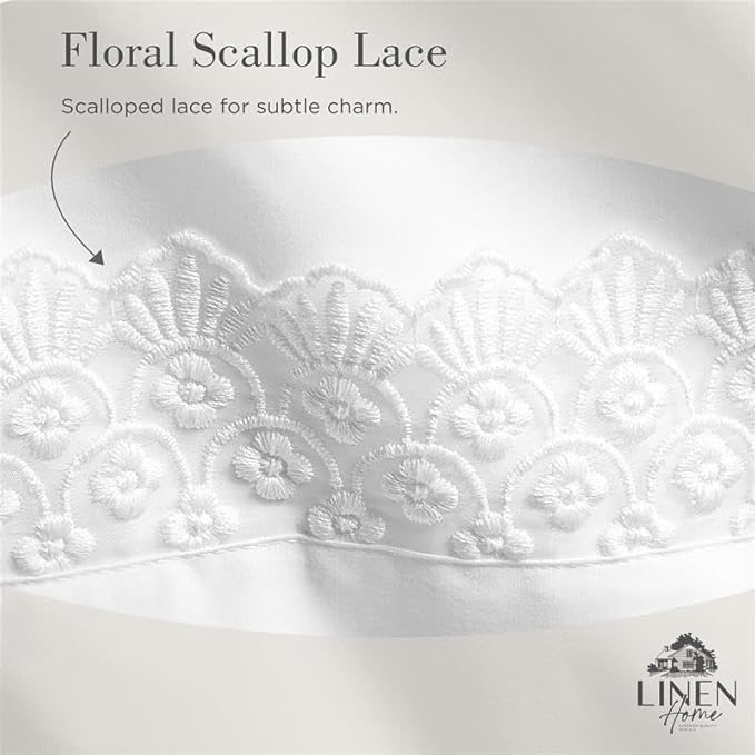 Linen Home 100% Cotton Percale Floral Scallop Lace Pillowcases Queen/Standard Size, White, 2 Pieces of Pillow Case, Crisp and Cool Strong Bed Linen, 20 inches X 30 inches