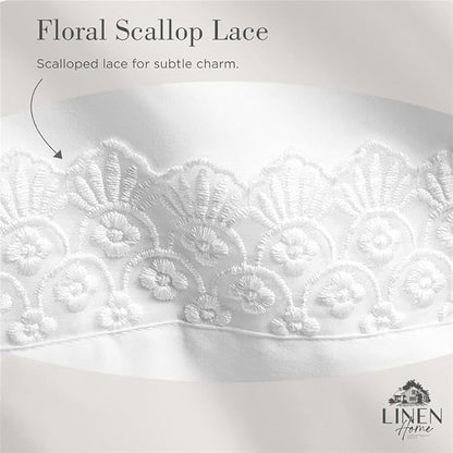 Linen Home 100% Cotton Percale Floral Scallop Lace Pillowcases Queen/Standard Size, White, 2 Pieces of Pillow Case, Crisp and Cool Strong Bed Linen, 20 inches X 30 inches