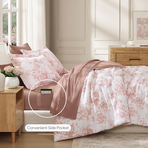 BLOOMHAVEN Queen Comforter Set-7 Pieces Rose Floral Bed in a Bag Queen