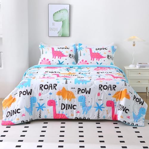 Wajade 7 Piece Kid Girls Dinosaur Comforter Set Queen Size 3D Pink Dinosaur Wild Park Jungle Print Bedding Set with Comforter, Sheet Set, Pillowcase and Sham