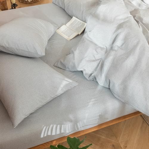 MooMee Striped Duvet Cover Set 100% Washed Cotton Linen Like King