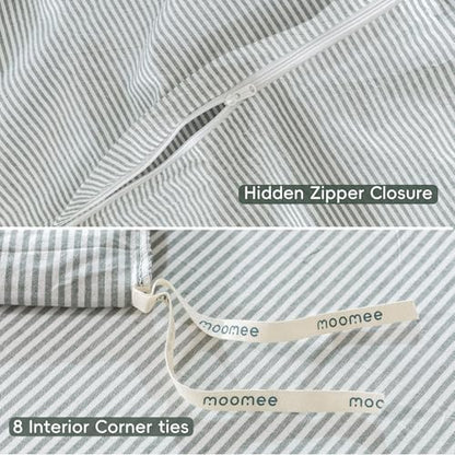 MooMee Striped Duvet Cover Set 100% Washed Cotton Linen Like Twin