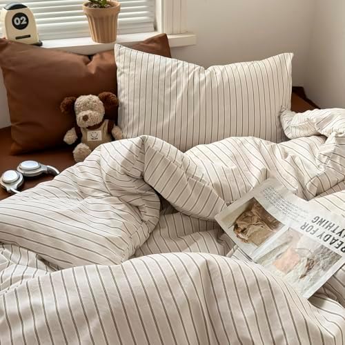 mixinni Vintage Striped Twin Duvet Cover Set, 3 Piece Premium Washed Microfiber Minimalist Beige Brown Stripes Bedding, Neutral Comforter Cover with Hidden Zipper & Corner Ties for Men Women