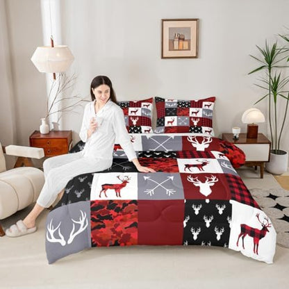 Deer Silhouette Comforter Set Twin Size,Antler Arrow Grid Stripe Design Bedding Duvet 2pcs for Kids Teens Adult Boys Girls Home Room Decoration, Camouflage Christmas Style Red Quilt Set