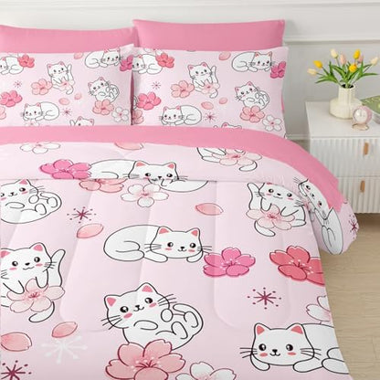 QOOMO Pink Cat 7 Pieces Comforter Set Twin,Sakura Cat Bedding Set for Kids