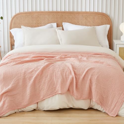 EMME Muslin Blankets for Adults Throw Blanket for Couch Breathable Gauze Soft Lightweight Airy Light Pink Twin XL 66" x 90"