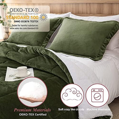 Sherpa Comforter Set Twin XL Size, Olive Green Bedding Set with Sham