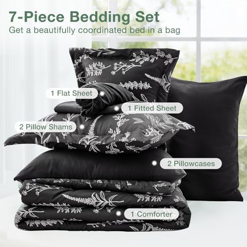 MUXHOMO Black King Comforter Set, Elegant Floral Print Bed in a Bag 7 Pieces, Ultra Soft & Breathable Reversible Botanical Pattern Bedding Set with Comforter, Sheets, Pillowcases, and Shams