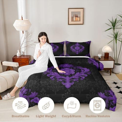 Feelyou Purple Gothic Bedding Set Soft for Boys Girls, Vintage Damask Boho Comforter Set Full Size Exotic Victorian Duvet Quilt Microfiber Bedroom Decor 3 Pcs with 2 Pillow Cases