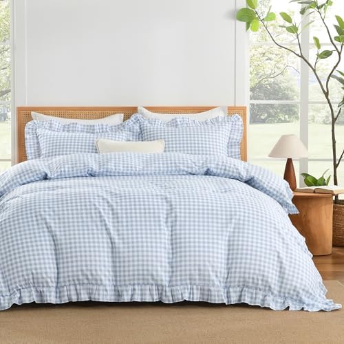 Andency Blue Gingham Duvet Cover King, Ruffle Shabby Chic Bedding Set 3 Pcs