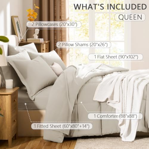 CozyLux Queen Comforter Set, 7-Piece Bed in a Bag, Beige