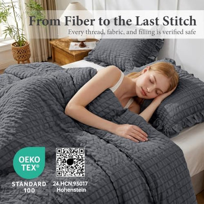 JOLLYVOGUE Dark Grey Twin/Twin XL Comforter Set, 2pcs Seersucker Bed Set