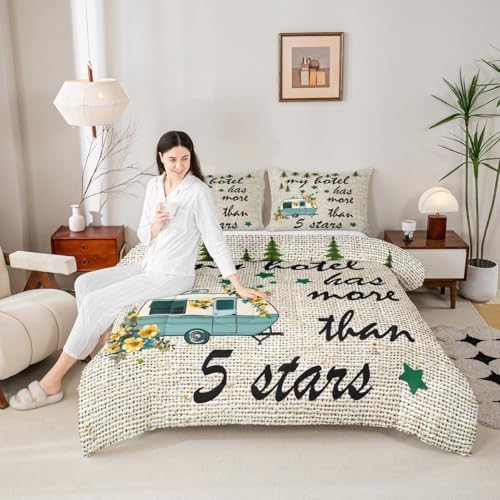 Manfei Happy Camping Comforter Set Full Size,Camper RV Trailer Decor Bedding 3pcs for Kids Boys Girls Adults,Pine Trees Wilderness Adventure Down Comforter,Beige Fashion Duvet Insert,2 Pillowcase