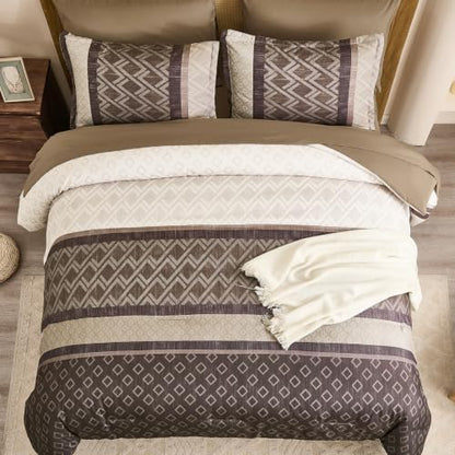 King 7-Piece Grey Brown Striped Comforter Set,Farmhouse Boho Bedding