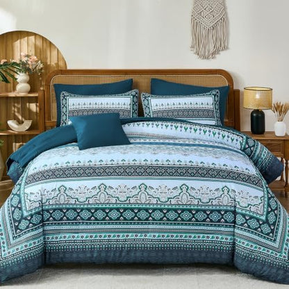 Teal Blue Boho Comforter Set Full Size,8 Pieces Striped Bed in a Bag