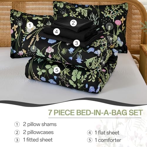Full Size Comforter Set, Black Green Floral Bedding Comforter Set 7 Piece