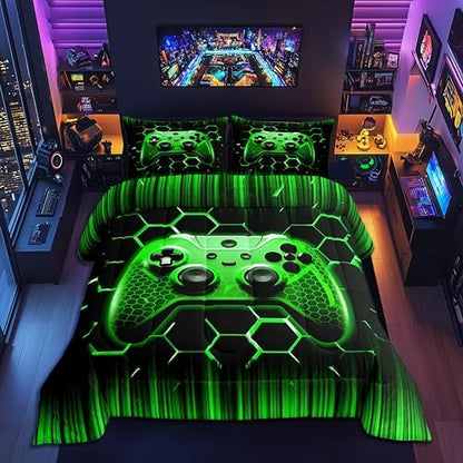 Manfei Modern Gamer Comforter Set Twin Size, Green Honeycomb Gamepad Down Comforter with 1 Pillowcase, Vodeo Games Bedding Set 2pcs for Kids Boys Girls Bedroom Decor Teens Gaming Duvet Insert