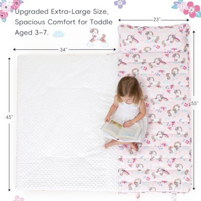 PHF Toddler Nap Mat with Removable Pillow and Minky Blanket, Rollup Design Kids Sleeping Mat, Slumber Bags for Girls, 55"x23" Toddler Sleeping Bag for Daycare Preschool Travel Camping, Unicorn
