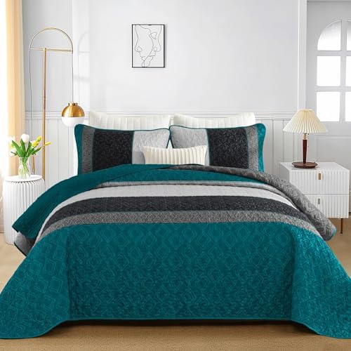 Cottolester Boho Quilt Set Full,Striped Plaid Bedspreads t Set,Peacock Blue