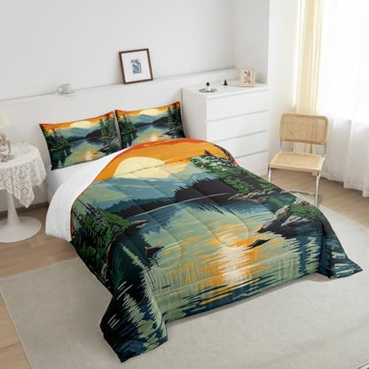 Happy Camping Comforter Set Twin Size,Lake House Adventure Theme Duvet Insert 2Pcs,Mountain River Vintage Bedding Set for Kids Teens Adults Room Decor,Sunset Natural Scenery Quilt Set,1 Pillowcase